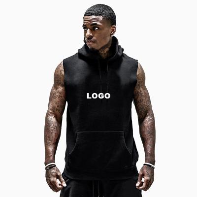 China Custom Men's Gym QUICK DRY LOGO Workout Hooded Bodybuilding Muscle Sleeveless Cutout T-shirt for sale