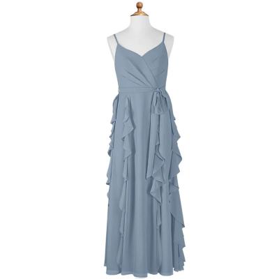 China Fashionable A-Line Chiffon Dusty Blue Floor-Length Junior Bridesmaid Dress Cascading Ruffles Princess Spaghetti Straps for sale