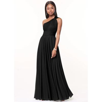 China Sexy Plus Size A-Line One-Shoulder Chiffon Floor-Length Bridesmaid Dress Black Sleeveless Back Zipper Pleated for sale