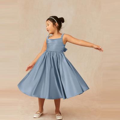 China Wholesale Factory Lovely Blue Satin Flower Girl Dress A-Line Ruffles Tea-length Plus Size Sleeveless Children for sale