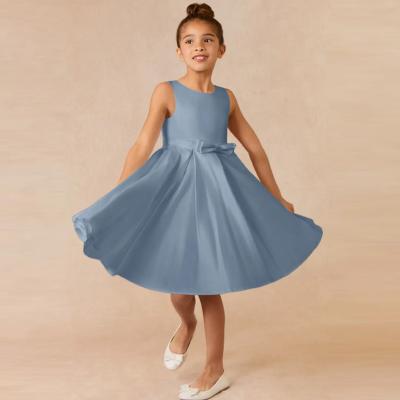 China Lovely Girl Kids Dress Blue Satin OEM ODM Baby Flower Girl Dresses Sleeveless Round Neckline Knee-length Ruffles Ball Go for sale