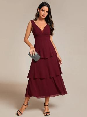 China Beautiful Multi-layered Hem V-neck Sleeveless A-line Burgundy Chiffon Wedding Guest Dress Cocktail Dresses for sale