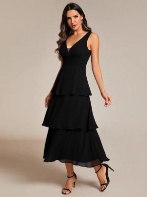 China Multi-layered Hem V-neck Sleeveless A-line Black Chiffon Wedding Guest Dress Cocktail Dresses for sale