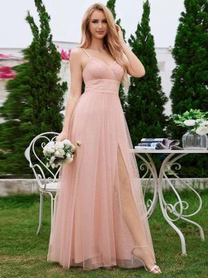 China High Slit And Lace Pearl Waist Sleeveless V-neck A-line Empire Spaghetti Strap Pleated Pink Tulle Bridesmaid Dress  for sale