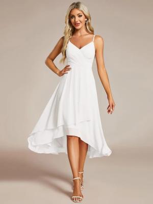 China Popular V-neck Spaghetti Strap Empire A-line High-low Chiffon Wedding Guest Dress White Midi Prom Dress for sale