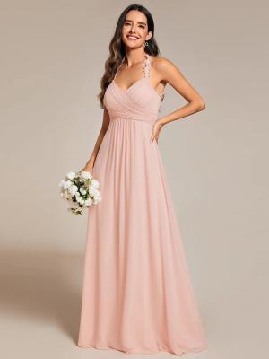 China Empire A-line Backless Floral Halter Neck V-neck Pleated Cut-out Back Zipper Pink Chiffon Evening Dress for sale