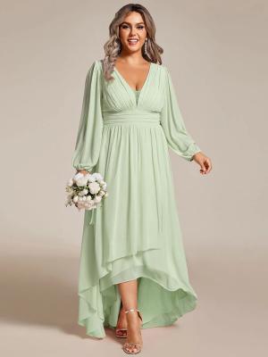 China Plus Size Enchanting Lotus Leaf Lantern Sleeve Pleated Empire High Waist A-line Mint Green Chiffon Graduation Dress for sale