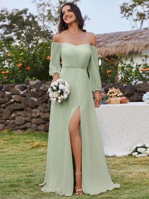 China Plus Size Ruffled Long Sleeve High Slit Off-shoulder High Slit Mint Green Chiffon Homecoming Dress for sale