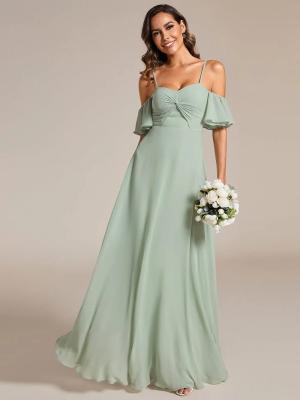 China Empire A-line Ruffled Off-shoulder Spaghetti Strap Criss-cross Ruffles Sleeve Mint Green Chiffon Bridesmaid Dresses  for sale