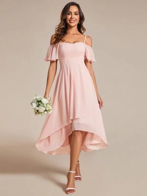 China Empire Off-shoulder Spaghetti Strap Zipper High-low Wedding Guest Dresses Short Sleeves Pink Chiffon Bridesmaid Dress for sale