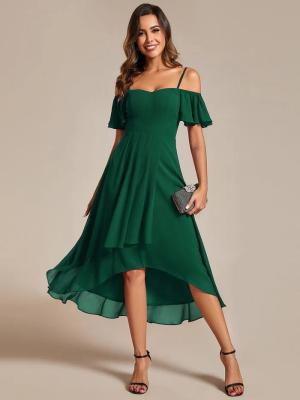 China Empire Off-shoulder Spaghetti Strap Zipper High-low Wedding Guest Short Sleeves Dark Green Chiffon Homecoming Dress  for sale