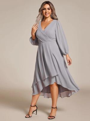 China Plus Size Ruffled A-line Long Sleeve V-neck High Low Wedding Guest Grey Chiffon Graduation Dress for sale