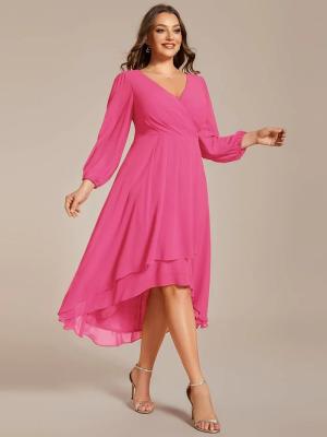 China Plus Size Ruffled A-line Long Sleeve V-neck High Low Wedding Guest Hot Pink Chiffon Homecoming Dress for sale