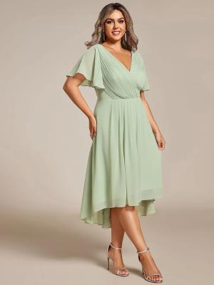 China Empire Plus Size V-neck High-low A-line Short Sleeve Ruffled Mint Green Chiffon Wedding Guest Evening Dress for sale