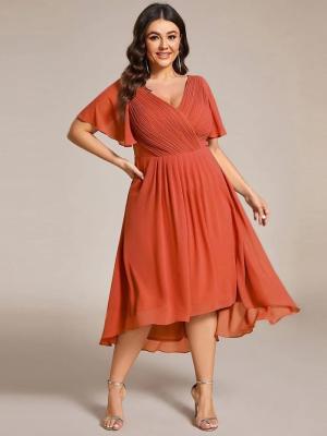 China Empire Plus Size V-neck High-low A-line Short Sleeve Ruffled Burnt Orange Chiffon Wedding Guest Prom Dress for sale