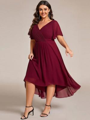 China Empire Plus Size V-neck High-low A-line Short Sleeve Ruffled Burgundy Chiffon Wedding Guest Prom Dress for sale