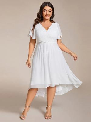 China Empire Plus Size V-neck High-low A-line Short Sleeve Ruffled White Chiffon Wedding Guest Graduation Dress for sale