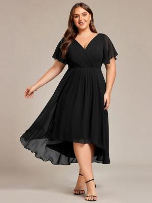 China Empire Plus Size V-neck High-low A-line Short Sleeve Ruffled Black Chiffon Wedding Guest Cocktail Dress for sale