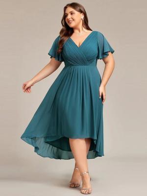 China Empire Plus Size V-neck High-low A-line Short Sleeve Ruffled Teal Chiffon Wedding Guest Homecoming Dress for sale