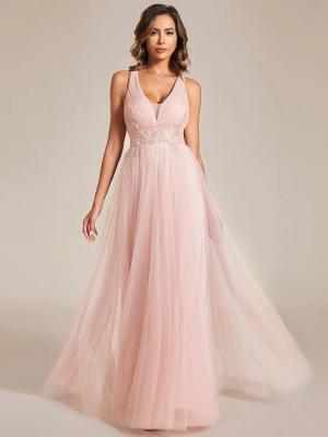 China Charming Empire Beaded Sleeveless V-neck Ruffled Spaghetti Strap A-line Pink Tulle Evening Dress for sale