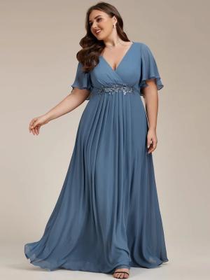 China Empire Plus Size Applique Short Sleeve A-line V-neck Flutter Sleeves Invisible Zipper Dusty Navy Chiffon Bridesmaid Dres for sale