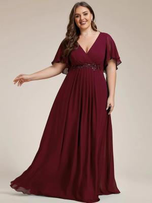 China Empire Plus Size Applique Short Sleeve A-line V-neck Flutter Sleeves Invisible Zipper Burgundy Chiffon Homecoming Dress for sale