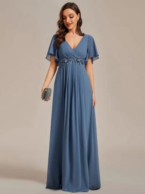 China Sexy Empire Applique A-line Short Flutter Sleeves V-neck Invisible Zipper Dusty Navy Chiffon Prom Dress for sale