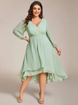 China Elegant Empire Long Sleeve V-neck High Low A-line Ruffled Midi Mint Green Chiffon Wedding Guest Evening Dress for sale