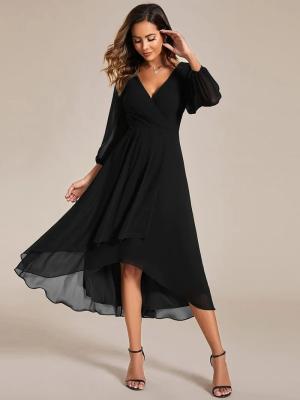 China Elegant Empire Long Sleeve V-neck High Low A-line Ruffled Midi Black Chiffon Wedding Guest Cocktail Dress for sale