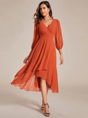 China Elegant Empire Long Sleeve V-neck High Low A-line Ruffled Midi Burnt Orange Chiffon Wedding Guest Cocktail Dress for sale