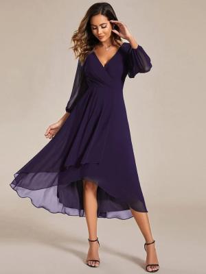 China Elegant Empire Long Sleeve V-neck High Low A-line Ruffled Midi Dark Purple Chiffon Wedding Guest Cocktail Dress for sale