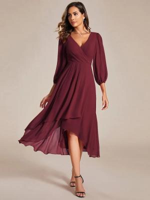 China Elegant Empire Long Sleeve V-neck High Low A-line Ruffled Midi Burgundy Chiffon Wedding Guest Cocktail Dress for sale