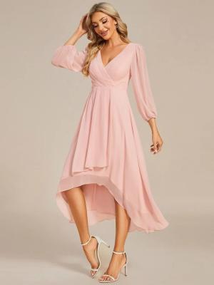 China Elegant Empire Long Sleeve V-neck High Low A-line Ruffled Midi Pink Chiffon Wedding Guest Homecoming Dress for sale