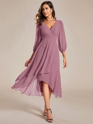 China Elegant Empire Long Sleeve V-neck High Low A-line Ruffled Midi Purple Orchid Chiffon Wedding Guest Homecoming Dress for sale