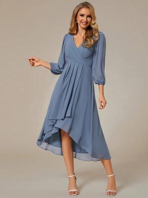 China Elegant Empire Long Sleeve V-neck High Low A-line Ruffled Midi Dusty Navy Chiffon Wedding Guest Homecoming Dress for sale