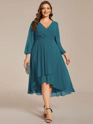 China Elegant Empire Long Sleeve V-neck High Low A-line Ruffled Midi Teal Chiffon Wedding Guest Prom Dress for sale