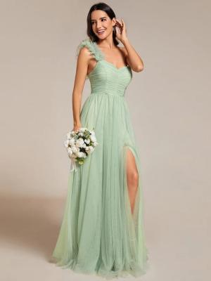 China Exquisite One-shoulder Sweetheart Ruffled A-line Zipper Pleated High Slit Mint Green Tulle Prom Dress for sale