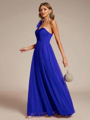 China Exquisite One-shoulder Sweetheart Ruffled A-line Zipper Pleated High Slit Sapphire Blue Tulle Graduation Dress for sale