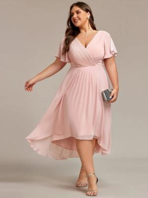 China Chic V-neck High-low Short Flutter Sleeves A-line Ruffles Midi Invisible Zipper Pink Chiffon Wedding Guest Evening Dress for sale