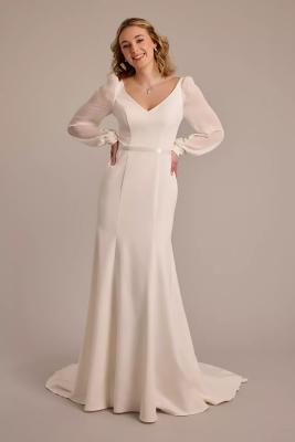 China Modern Long Sleeve V-neck Mermaid Sweep Train Custom-made Size Zipper Sheath Ivory Satin Wedding Dress  for sale