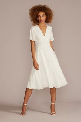 China Timeless Zipper Flutter Short Sleeve Empire V-neck Open Keyhole Back A-line White Chiffon Midi-length Wedding Dress for sale