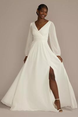 China Dreamy Long Billow Sleeve A-line Keyhole Back Zipper V-neck Split Slit Pleated Ivory Chiffon Wedding Dress for sale