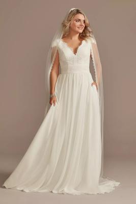 China Sexy Eyelash Lace Illusion Back Sweep Train Plus Size A-line Zipper Ruffle Cap Sleeve V-neck White Chiffon Wedding Dress for sale