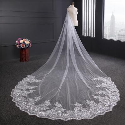 China Beautiful Customized 3m*3m Wholesale Long Cathedral Appliqued Lace Tulle Bridal Wedding White Veil With Hair Comb  for sale