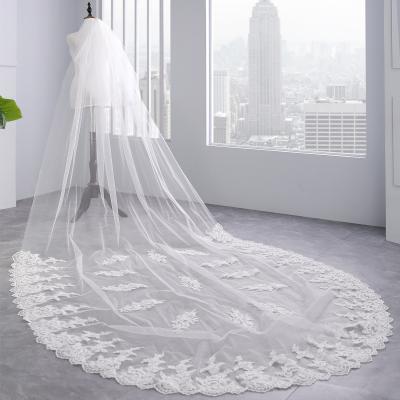 China Elegant Customized Two Layers Appliqued Lace 3.5m Tulle Bridal Wedding White Veil With Hair Comb for sale