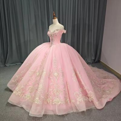 China Beautiful Sweetheart Neck Off-the-shoulder Beaded Appliqued Ball Gown Party Girl 12 Years Pink Organza Quinceanera Dress for sale