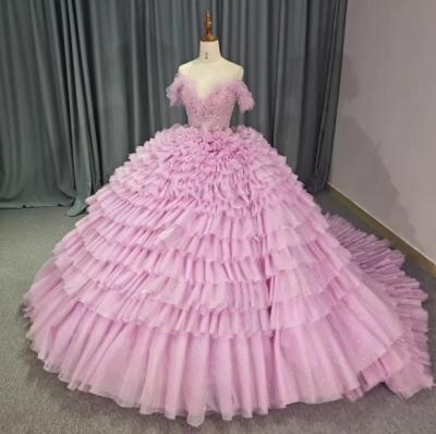 China Elegant Off-the-shoulder Beaded V-neck Pink Multi-layer Skirt Tulle Quinceanera Ball Gowns Cake Dresses For 15 Girls for sale