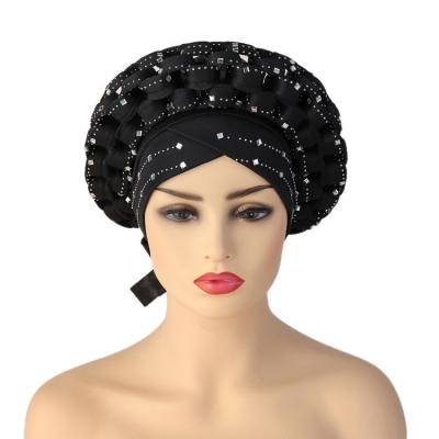 China Women Ethnic Gele Nigerian Auto Headtie Diamond Wedding Head Wraps Plain Hijab 2021 BUSHRA Adjustable Headscarf African Turbans Hats for sale