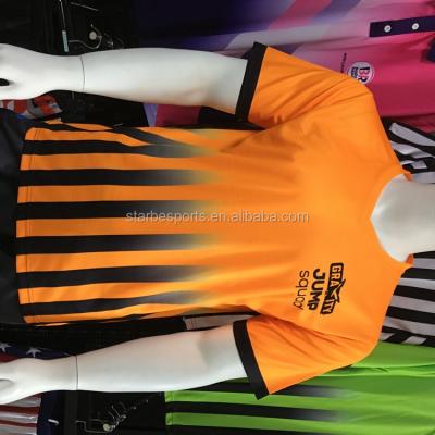 China Anti-pilling Wholesale Fluorescent Orange V Neck Shirts, Dry Fit Luminous Orange T-shirt, Striped Sublimation Referee Shirt for sale