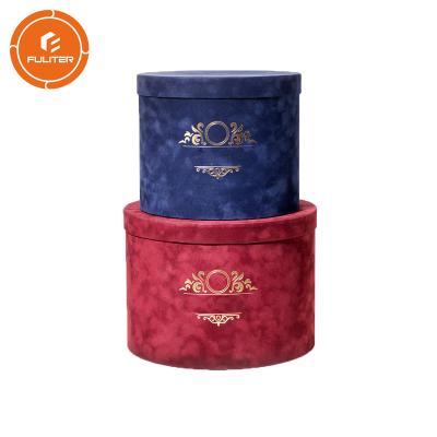 China Velvet colorful deluxe rose bouquet paper packaging round box flower cap box for sale